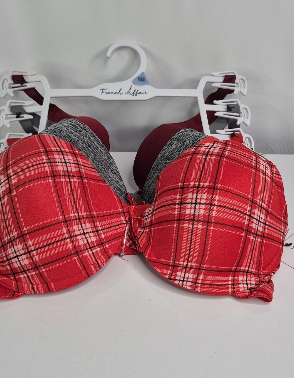 French Affair Women's 3 Pack Bra Red, Gray, And Marroon. Size 36DD. Nwt.